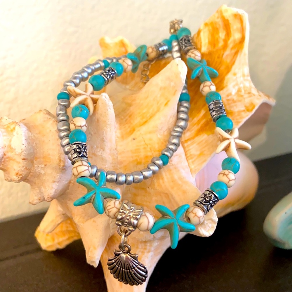 🏖 Cutest Beachy turquoise shell double anklet 🏖